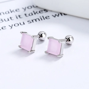 925 silver square pink zircon screw back earrings in a minimalist four-prong setting