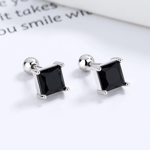 Minimalist 925 silver screw back stud earrings with square black cubic zirconia