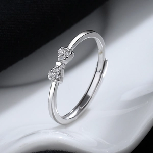 925 Sterling Silver Bow Knot Adjustable Ring For Women Minimalist Rhinestone Inlaid Fashion Jewelry Hand Decoration Accessory