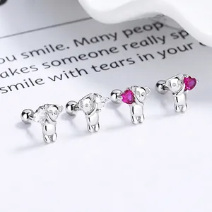 Cute 925 Sterling Silver Koala Heart Stud Earrings For Women Rhinestone Animal Screw Back Piercing Jewelry Gift White Gold