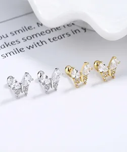 Orecchini a Bottone a Farfalla in Argento Sterling S925 Zirconia Dolce Fiocco Chiusura a Vite Gioielli Raffinati Regalo Donna