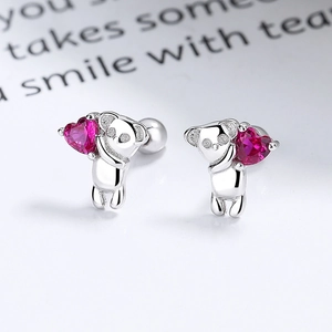 S925 sterling silver koala stud earrings holding a pink heart-shaped crystal stone