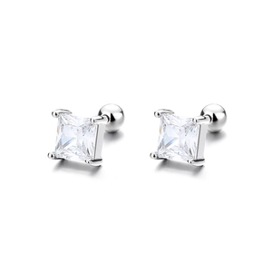 Minimalist silver screw back stud earrings with square cubic zirconia on white background