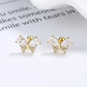 Orecchini a farfalla in argento S925 dorati con strass in cristallo per donne eleganti