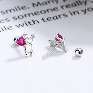 S925 sterling silver koala stud earrings with a red heart zircon and secure screw backs