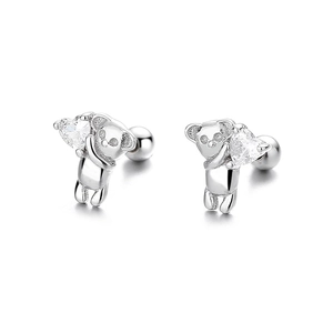 Cute S925 sterling silver koala stud earrings holding a sparkling heart zircon stone