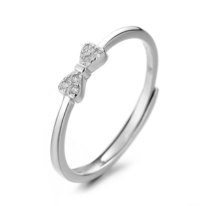 Minimalist S925 sterling silver bow ring with micro-set zircons and adjustable open band
