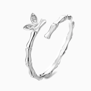 Minimalist 925 sterling silver bamboo joint open ring with sparkling zircon leaves