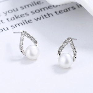 Élégantes boucles d'oreilles V en argent S925 avec perles et zircons sur carte