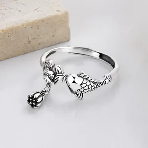 925 Sterling Silver Lotus Carp Open Ring For Women Vintage Thai Silver Koi Fish Flower Adjustable Finger Ring Chinese Style Jewelry Gift