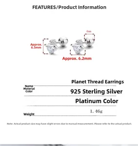 Detailed size specifications of 925 sterling silver planet stud earrings with zircon
