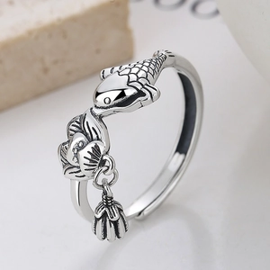 Vintage 925 sterling silver lotus and koi fish open ring with a dangling lotus pod pendant