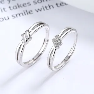 925 Sterling Silver Knot Couple Rings Adjustable Open Rings For Women Men Minimalist Engagement Jewelry Rhinestone Inlaid Jewelry