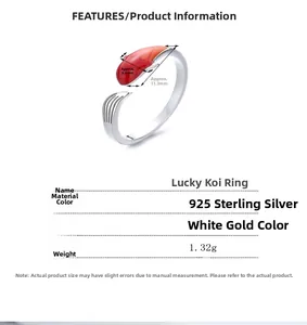 Specifications of 925 sterling silver koi fish ring with red enamel details and dimensions