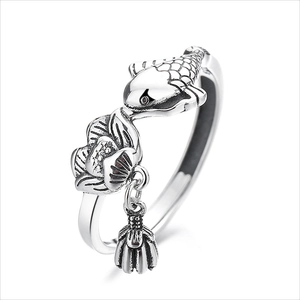 Vintage 925 sterling silver lotus and koi fish open ring with dangling seed pod charm