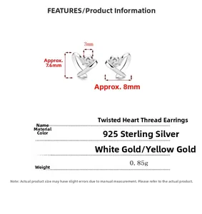 Detailed specs of S925 sterling silver twisted heart stud earrings with dimensions