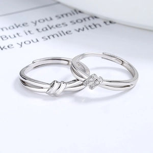 925 sterling silver lover's knot couple rings with cubic zirconia in adjustable open design
