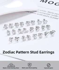 Macro display of twelve Chinese zodiac S925 sterling silver threaded stud earrings set