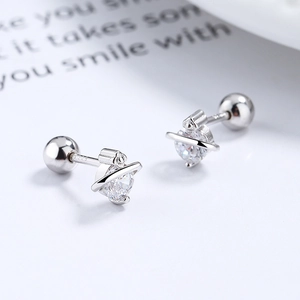 S925 sterling silver Saturn stud earrings with sparkling cubic zirconia and screw backs