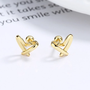 Minimalist 925 silver hollow heart stud earrings in polished gold finish with ball back