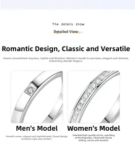 Detail of 925 sterling silver couple rings with male single stone and female pavé zircon