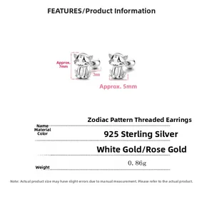 Macro detail of S925 sterling silver tiger zodiac stud earrings with size specifications