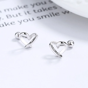 925 sterling silver hollow heart screw back studs with polished finish on white background