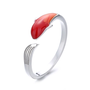 Adjustable 925 sterling silver koi fish ring with red enamel details on white background