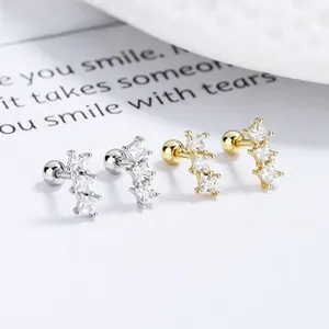 Vertical triple square zircon stud earrings with screw ball back in silver and gold finish