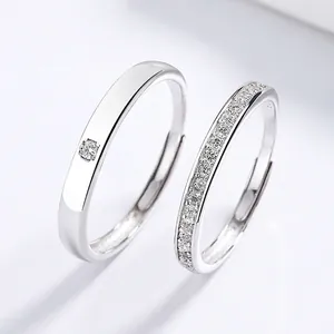 925 Sterling Silver Couple Rings Simple Rhinestone Inlaid Open Adjustable Rings Romantic Valentine's Day Jewelry Gift For Lovers