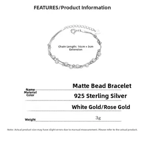 Detail of 925 sterling silver frosted bead bracelet showing 16cm plus 3cm extension length