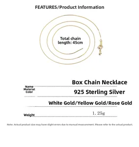 Detailed specs of 925 sterling silver box chain necklace with 45cm length and 1.25g weight