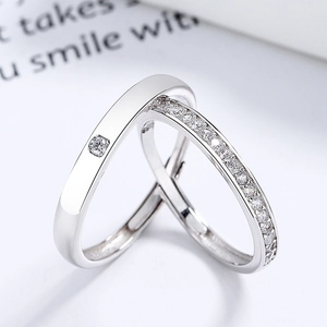 Adjustable S925 sterling silver couple rings with minimalist polished finish and crystals