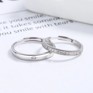 Minimalist 925 silver adjustable couple rings set with sparkling diamond accents