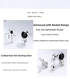 Detailansicht der asymmetrischen Astronauten- und Raketen-Ohrstecker aus 925er Silber