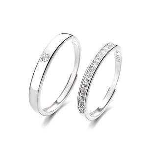 Adjustable S925 sterling silver couple rings with single diamond and pave stones
