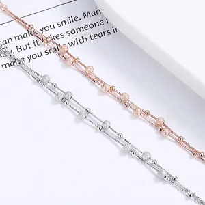 925 Sterling Silver Double Layer Lucky Bead Bracelet For Women Frosted Polished Beads Box Chain Adjustable Heart Jewelry