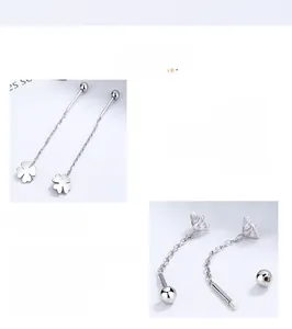 Detailed view of S925 silver four-leaf clover long tassel earrings with sparkling zircon