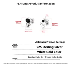 Detailansicht der 925 Sterling Silber Astronaut Rakete Ohrstecker mit Größenangaben
