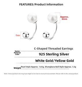 Detailed size specifications for 925 silver C-shape earrings with pearl and metal ball