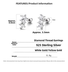 Vue détaillée des boucles d'oreilles en argent 925 avec 3 zircons et dimensions