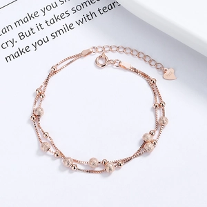 Rose gold double-layer S925 sterling silver bead bracelet with heart pendant and lobster clasp