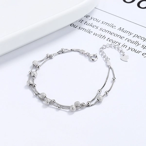 Minimalist S925 sterling silver double-layer bead bracelet with polished and frosted beads