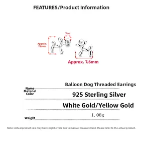 Macro detail of balloon dog silver stud earring with size specs and weight info