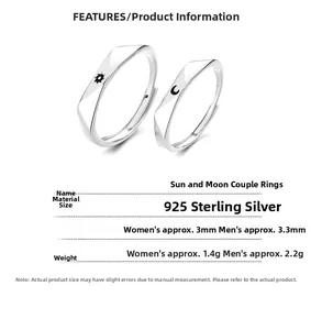 Detailed 925 sterling silver sun and moon couple rings with size and weight specifications