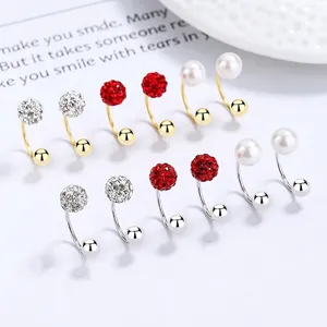 C-Shaped Screw Back Earrings With 925 Sterling Silver Earring Post Faux Artificial Pearl Shamballa Ball Simple Niche Women Jewelry