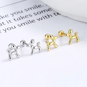 925 Sterling Silver Cute Balloon Dog Stud Earrings For Women Minimalist Korean Style Screw Back Ear Studs Jewelry Gold Silver