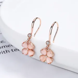 Boucles d'Oreilles Trèfle à Quatre Feuilles en Argent Sterling 925 pour Femme Or Rose Strass Cœur Pétale Boucles d'Oreilles Bijoux Cadeau