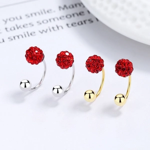 S925 silver C-shaped earrings with red pavé crystal balls and polished metal spheres