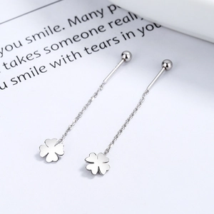 925 Sterling Silver Four Leaf Clover Long Tassel Threader Earrings with S925 Stamp